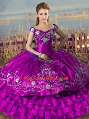 Pretty Purple Off The Shoulder Neckline Embroidery and Ruffled Layers 15 Quinceanera Dress Sleeveless Lace Up