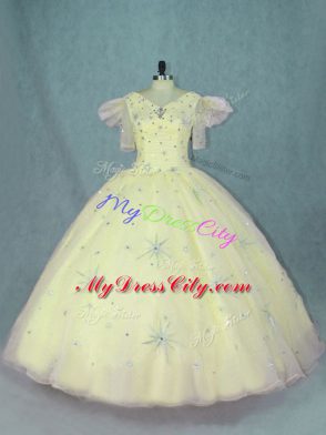 Superior Beading Quinceanera Dresses Yellow Zipper Short Sleeves Floor Length