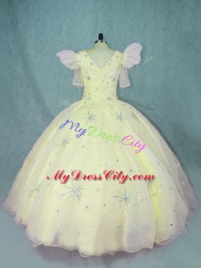 Superior Beading Quinceanera Dresses Yellow Zipper Short Sleeves Floor Length