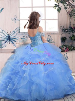 Blue Ball Gowns Beading Girls Pageant Dresses Lace Up Tulle Sleeveless Floor Length