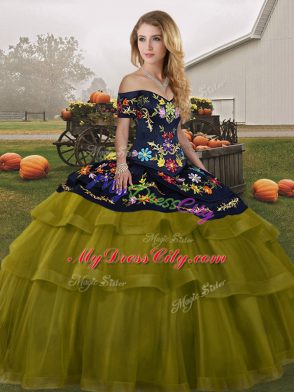 Olive Green Ball Gowns Off The Shoulder Sleeveless Tulle Brush Train Lace Up Embroidery and Ruffled Layers Sweet 16 Dress