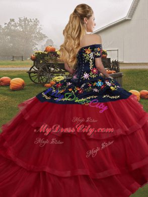 Olive Green Ball Gowns Off The Shoulder Sleeveless Tulle Brush Train Lace Up Embroidery and Ruffled Layers Sweet 16 Dress