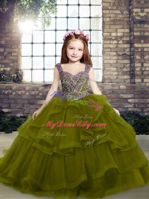 Straps Sleeveless Lace Up Little Girls Pageant Dress Olive Green Organza