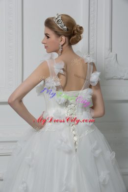 Attractive White Tulle Lace Up Wedding Dresses Sleeveless Floor Length Hand Made Flower