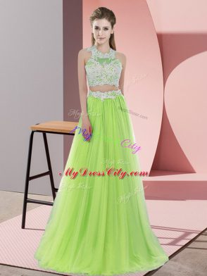 Tulle Halter Top Sleeveless Zipper Lace Wedding Party Dress in Yellow Green