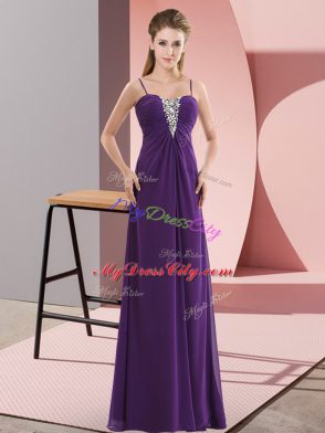 Spaghetti Straps Sleeveless Evening Dress Floor Length Beading Purple Chiffon