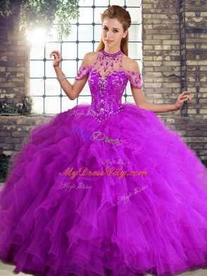 Superior Purple Ball Gowns Tulle Halter Top Sleeveless Beading and Ruffles Floor Length Lace Up 15 Quinceanera Dress