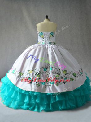 Blue And White Ball Gowns Organza Sweetheart Sleeveless Embroidery and Ruffled Layers Floor Length Lace Up Vestidos de Quinceanera