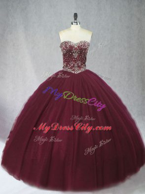 Burgundy Lace Up Sweetheart Beading Sweet 16 Dress Tulle Sleeveless