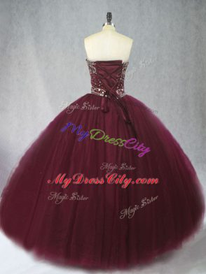 Burgundy Lace Up Sweetheart Beading Sweet 16 Dress Tulle Sleeveless