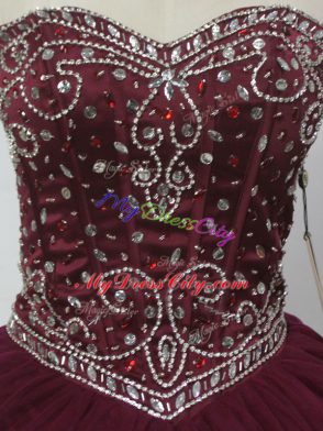 Burgundy Lace Up Sweetheart Beading Sweet 16 Dress Tulle Sleeveless