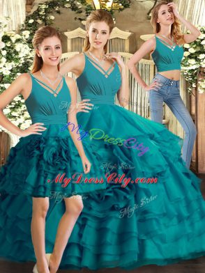 Teal Organza Backless V-neck Sleeveless Floor Length Ball Gown Prom Dress Ruffled Layers