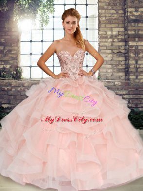 Fitting Baby Pink Sleeveless Floor Length Beading and Ruffles Lace Up Quinceanera Gowns