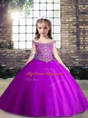 Tulle Sleeveless Floor Length Pageant Gowns For Girls and Beading