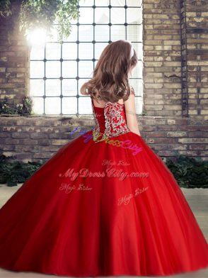 Tulle Sleeveless Floor Length Pageant Gowns For Girls and Beading