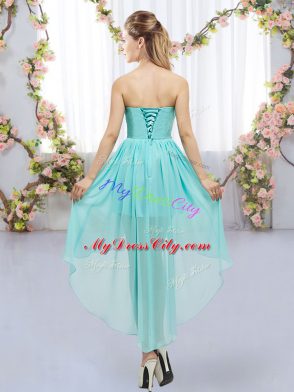 Wonderful Sleeveless High Low Beading Lace Up Bridesmaids Dress with Yellow