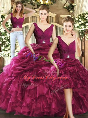 Sumptuous Burgundy Sweet 16 Quinceanera Dress Sweet 16 and Quinceanera with Ruffles and Pick Ups V-neck Sleeveless Backless