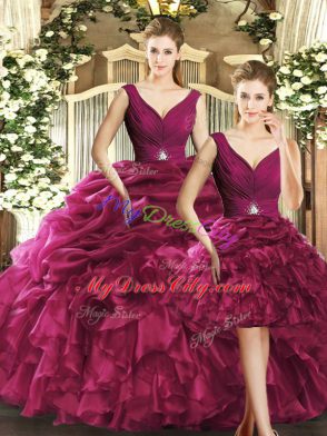 Sumptuous Burgundy Sweet 16 Quinceanera Dress Sweet 16 and Quinceanera with Ruffles and Pick Ups V-neck Sleeveless Backless