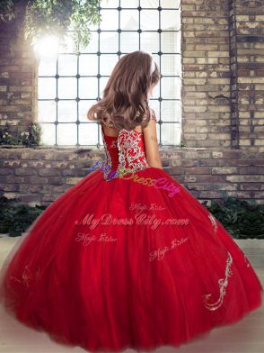 Fuchsia Lace Up Off The Shoulder Beading and Appliques Kids Formal Wear Tulle Sleeveless