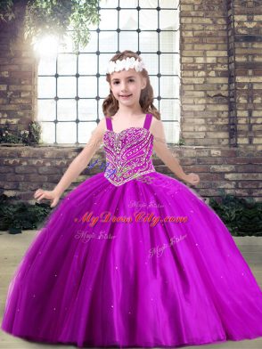 Nice Fuchsia Ball Gowns Straps Sleeveless Tulle Floor Length Lace Up Beading Pageant Dress