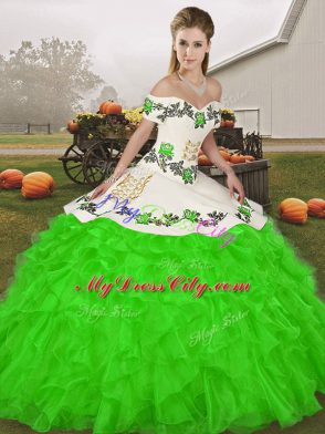 Off The Shoulder Sleeveless Sweet 16 Quinceanera Dress Floor Length Embroidery and Ruffles Green Organza