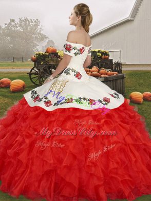 Off The Shoulder Sleeveless Sweet 16 Quinceanera Dress Floor Length Embroidery and Ruffles Green Organza