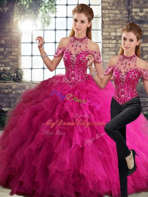 Tulle Sleeveless Floor Length Sweet 16 Quinceanera Dress and Beading and Ruffles