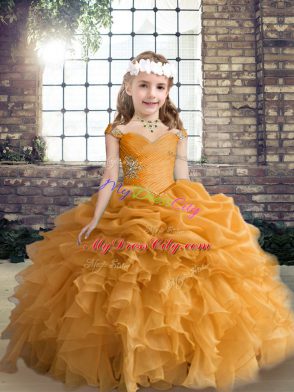 Great Orange Lace Up Kids Pageant Dress Beading and Ruffles and Pick Ups Sleeveless Floor Length