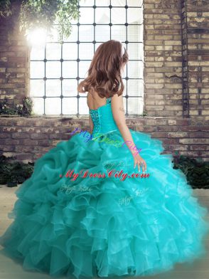 Great Orange Lace Up Kids Pageant Dress Beading and Ruffles and Pick Ups Sleeveless Floor Length