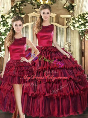 Charming Wine Red Organza Lace Up Quinceanera Dress Sleeveless Floor Length Ruffled Layers