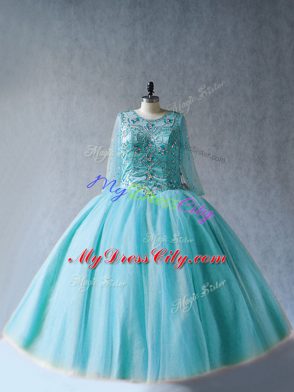 Fantastic Long Sleeves Tulle Floor Length Lace Up 15 Quinceanera Dress in Aqua Blue with Beading