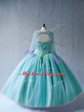 Fantastic Long Sleeves Tulle Floor Length Lace Up 15 Quinceanera Dress in Aqua Blue with Beading