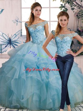 Elegant Light Blue Quinceanera Dress Military Ball and Sweet 16 and Quinceanera with Beading and Ruffles Off The Shoulder Sleeveless Lace Up