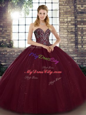 Sleeveless Floor Length Beading Lace Up Sweet 16 Dress with Burgundy