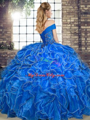 Off The Shoulder Sleeveless Organza 15 Quinceanera Dress Beading and Ruffles Lace Up