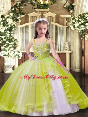 Custom Made Floor Length Yellow Green Pageant Gowns For Girls Tulle Sleeveless Beading