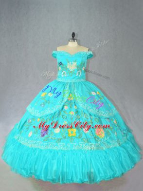 Latest Aqua Blue Ball Gowns Embroidery Quinceanera Dresses Lace Up Satin Sleeveless Floor Length