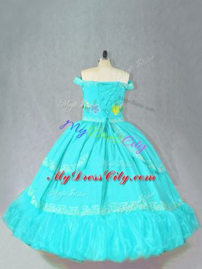 Latest Aqua Blue Ball Gowns Embroidery Quinceanera Dresses Lace Up Satin Sleeveless Floor Length