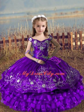 Sleeveless Lace Up Floor Length Embroidery and Ruffled Layers Kids Pageant Dress