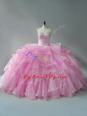 Baby Pink Lace Up Quinceanera Gowns Beading and Ruffles Sleeveless