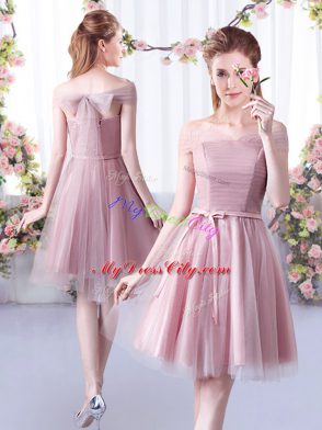 Belt Bridesmaid Gown Pink Lace Up Sleeveless Knee Length