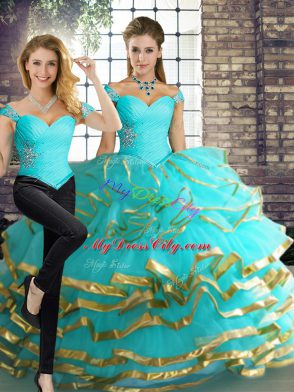 Edgy Floor Length Aqua Blue Quinceanera Dresses Off The Shoulder Sleeveless Lace Up