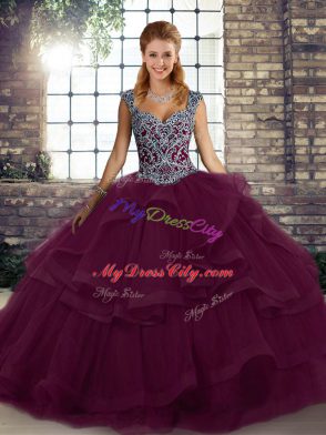 Beading and Ruffles Quinceanera Dress Dark Purple Lace Up Sleeveless Floor Length