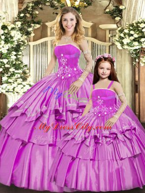 Delicate Floor Length Lilac Quinceanera Gown Strapless Sleeveless Lace Up