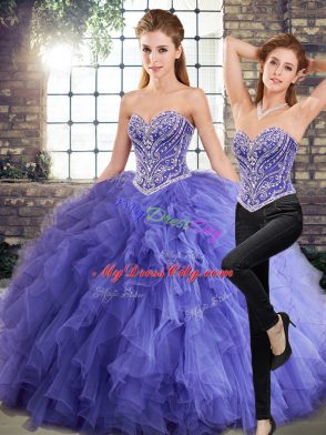 Wonderful Sleeveless Tulle Floor Length Lace Up 15 Quinceanera Dress in Lavender with Beading and Ruffles