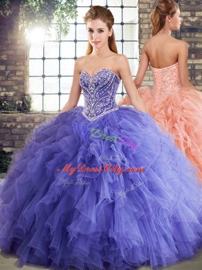 Wonderful Sleeveless Tulle Floor Length Lace Up 15 Quinceanera Dress in Lavender with Beading and Ruffles