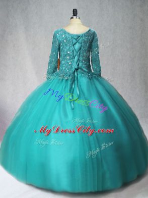 Scoop Long Sleeves Lace Up Quinceanera Dresses Turquoise Tulle