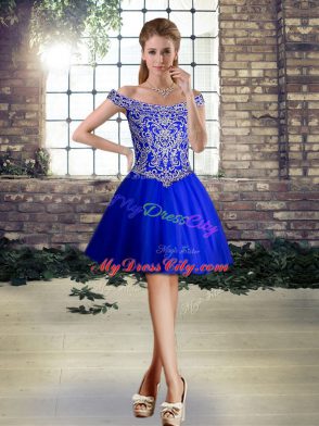 Unique Royal Blue Ball Gowns Beading Prom Party Dress Lace Up Tulle Sleeveless Mini Length