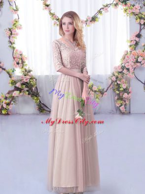 Sweet Floor Length Empire Half Sleeves Pink Wedding Party Dress Side Zipper