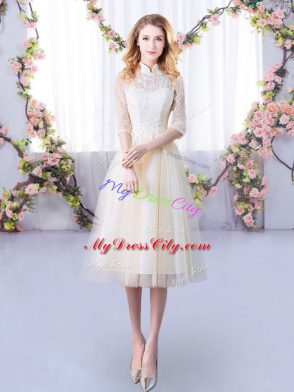 Customized High-neck Half Sleeves Tulle Dama Dress Lace Lace Up